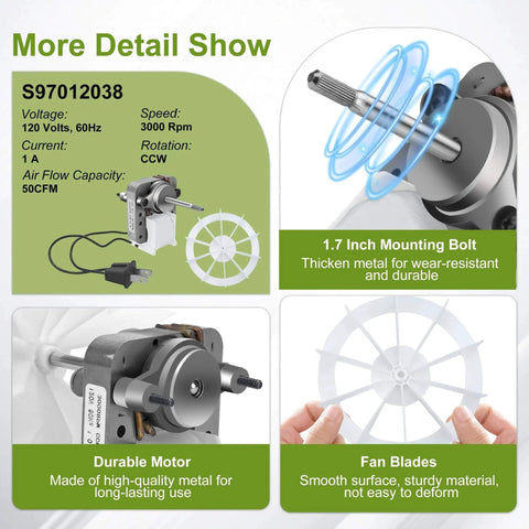 Fan Motor S97012038 Bathroom Vent Fan Motor Replacement fit for Nu-Tone Br-oan 688 668 663 659 662 678, showing detailed features.