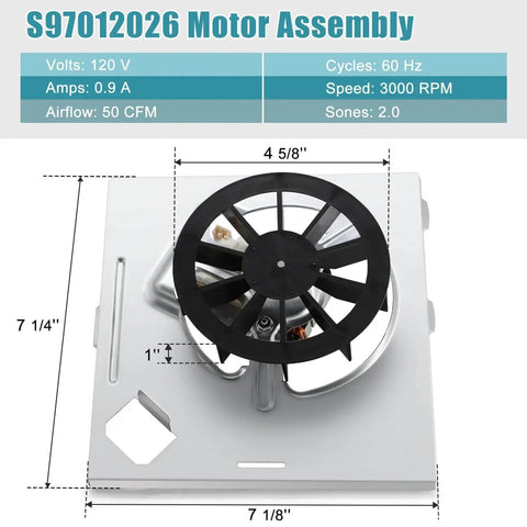Top view of S97012026 Fan, 696N-R02 B Unit Motor Assembly Replacement showing dimensions and specifications, for bathroom exhaust fan.