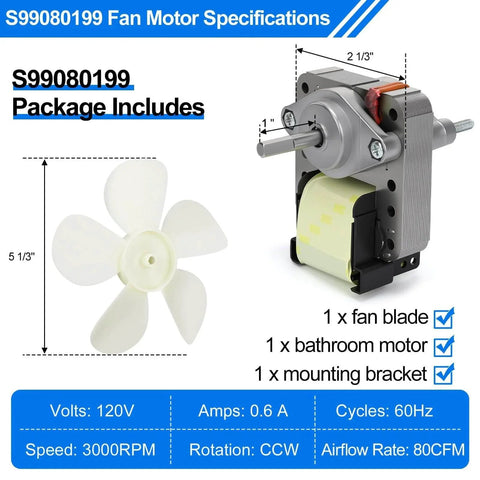 S99080199 Bathroom Exhaust Motor 80 CFM, 4.0 Sones, fan blade and mounting bracket package components