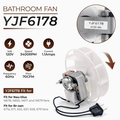 70CFM Bathroom Exhaust Fan Motor Replace 99080166 BP28 YJF6178 Bath Motor fit for Br-oan Nu-Tone Nau-tilus fan models