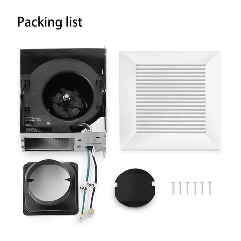 Quiet 110 CFM Bathroom Exhaust Fan with metal housing, white grille, 4 inch duct, mounting hardware, and electrical wires