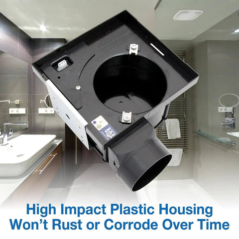 90 CFM Ceiling Mounted Bathroom Exhaust Fan With Snap In Installation Quiet 2.5 Sones White 10x10 Polymeric Grill 4 Inch Duct Collar High Impact Plastic Housing Air King BFQ90 front view