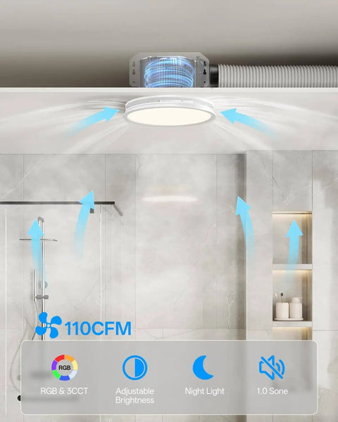 Bathroom Exhaust Fan With Dope RGB Lights 110 CFM Quiet 1 Sone in use above shower, demonstrating airflow and lighting features.