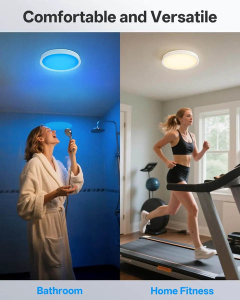 Split image showing woman using bathroom with blue RGB light and woman running on treadmill in home gym with white light.