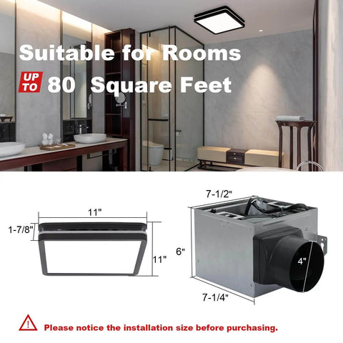 Bathroom Exhaust Fan With Light 80 CFM 2.0 Sones Quiet Ceiling Vent, Dimmable 15W Dope LED Lights With 3 CCT And 3.5W Night Light, Square Black Ceiling Mount Akicon, shown installed in a bathroom with diagrams of dimensions.