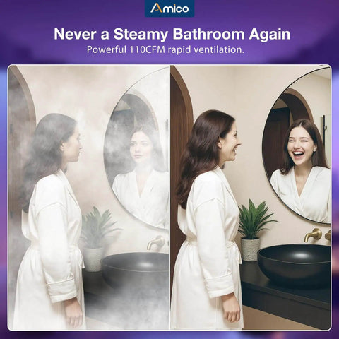 Before and after using Bathroom Exhaust Fan With Bluetooth Speaker And Light, 110 CFM Quiet 1.0 Sone Shower Vent