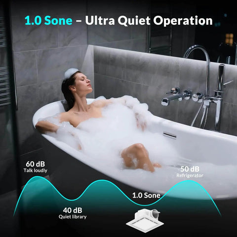 Ultra Quiet Bathroom Exhaust Fan With Light 144 CFM 1 Sone DC Motor 35W 6500K 1200LM LED installed in modern bathroom