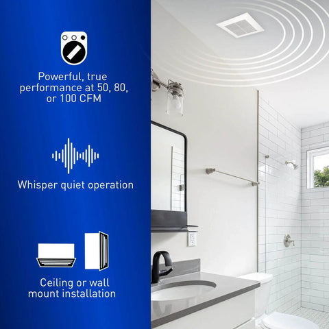 Whisper Quiet Pick A Flow Bath Exhaust Fan For Ceiling Or Wall Mount With DC ECM Motor, Energy Star Certified installed in bathroom