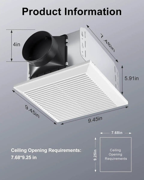 Powerful 110 CFM Bathroom Exhaust Fan With No Attic Access Needed, Easy Install, Ultra Quiet 1.0 Sone, dimensions marked.