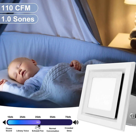 Whisper Quiet 110 CFM Bathroom Exhaust Fan With Light Gaciban shown near sleeping baby in crib, highlighting silent operation.