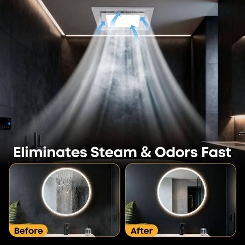 Bathroom Exhaust Fan With Light, 12 Inch Ultra Quiet 1.0 Sones, 140 CFM, 1200 Lumen, 5 CCT, steam removal in use.