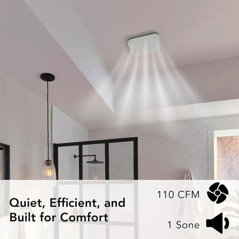 Ultra Quiet Bathroom Exhaust Fan With Easy Retrofit Without Attic Access 110 CFM 1 Sone Energy Star Certified Made In USA installed on ceiling