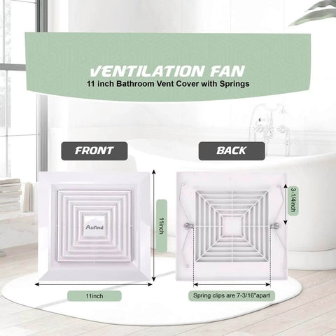Front and back view of Universal 11x11 Inch Bathroom Exhaust Fan Cover With Spring Load Heavy Duty Plastic Grille For Ceiling Or Wall Mounted Fans No Sweat Easy Install Adjustable Spring Clips Includes Gloves Aufind.