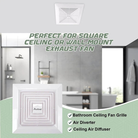 Front view of Universal 11x11 Inch Bathroom Exhaust Fan Cover With Spring Load Heavy Duty Plastic Grille for ceiling installation.