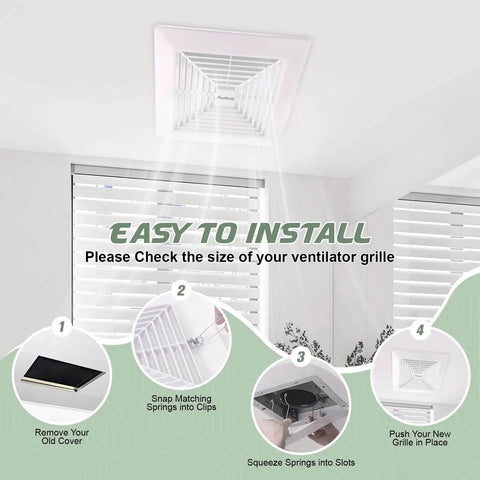 Universal 11x11 Inch Bathroom Exhaust Fan Cover With Spring Load Heavy Duty Plastic Grille shown during installation steps on ceiling.