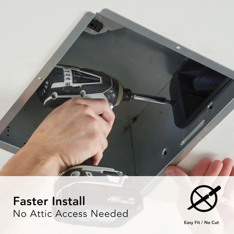 Easy Roomside Installation 110 CFM Bathroom Ventilation Fan Keeps Mirrors Crystal Clear And Quiet 3.0 Sones For Bathrooms Up To 105 Sq Ft White Broan NuTone being installed without attic access