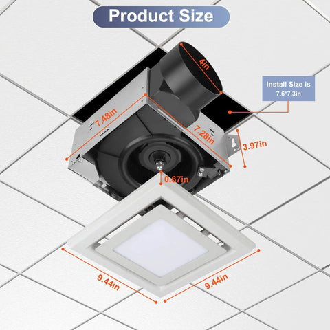 Diagram of Whisper Quiet 110 CFM Bathroom Exhaust Fan With Light Gaciban, showing product dimensions and ceiling installation