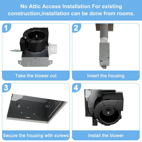 Installation steps for Very Quiet 70 CFM Bathroom Exhaust Fan With 2.0 Sone No Attic Access Needed Energy Star Certified Easy Ceiling Mount