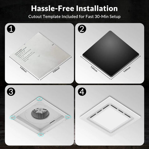 Installation steps for Ultra Quiet Bathroom Exhaust Fan With Light 144 CFM 1 Sone DC Motor 35W 6500K LED 11.8 inch grille.