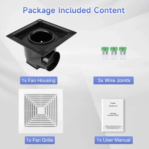 Ultra Quiet Bathroom Ceiling Exhaust Fan For Home Use 110 CFM 1.0 Sones 40 dB Fits 9.1 By 9.1 Inch Housing Keeps Your Bath Fresh And Vapor Free With Fanspex package contents