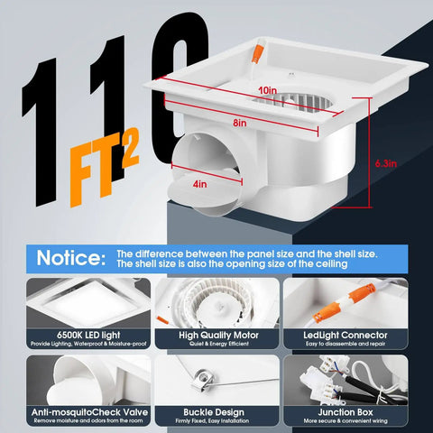 Super Quiet Ceiling Mount Bath Exhaust Fan With Light 110 CFM 1 Sones 4 Inch Duct Shower Vent And LED Light 6500K diagram