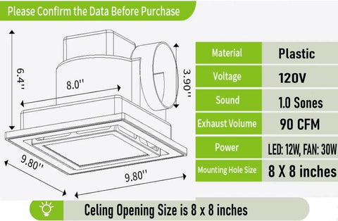 Diagram of Quiet 118 CFM Bathroom Exhaust Fan With LED Light Ceiling Mount Vent Fan, 4 inch duct, dimensions 8 x 8 inches.