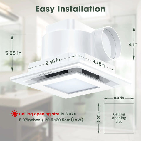 Diagram of 120 CFM Bathroom Exhaust Fan With Light Ultra Quiet 1.0 Sones Ceiling Mount Ventilation showing dimensions and size.