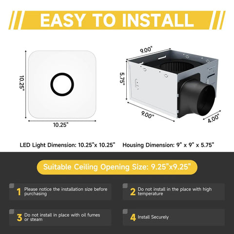 Powerful 2-In-1 Bathroom Exhaust Fan With Light For Quick Moisture Removal And Odor Control, 130 CFM Quiet 1.5 Sones, 32W Motor, 1200-Lumen LED Light With Adjustable 3000K 4000K 5000K, No-Fuss Install OFANKU dimensions and installation guide