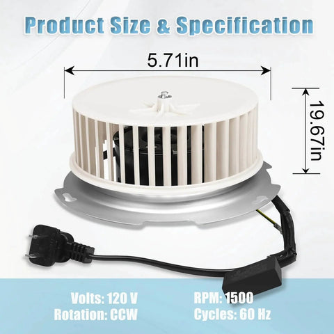 8832NA Blower Motor 84757 JA2B099N bathroom fan motor showing dimensions and power specifications.