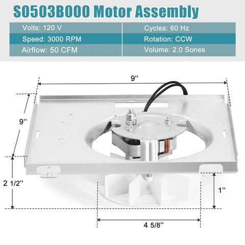 S0503B000 Bathroom Fan Motor Assembly for Broan Nutone 763RLN, 50CFM, 9"x9", shown with dimensions