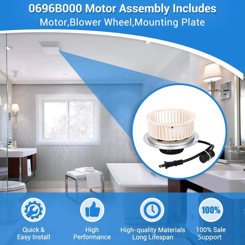 Stylized diagram of bathroom featuring QT-100L QT-110-B QT-110N-B QT-90N-B Bathroom Fan Motor & Blower Wheel, motor assembly on mounting plate, 100CFM 3.5 Sones label.