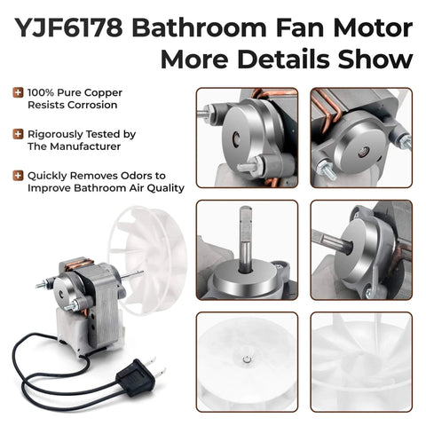 70CFM Bathroom Exhaust Fan Motor Replace 99080166 BP28 YJF6178 Bath Motor details including fan blade and copper components.