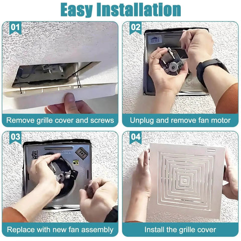 Installation steps for S97012026 Fan, 696N-R02 B Unit Motor Assembly Replacement; showing grille removal, motor replacement, grille installation.
