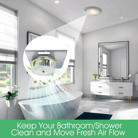 Bathroom with installed 8663RP B Unit for NuTone, showing ceiling fan motor 97017705 in use, airflow visualization
