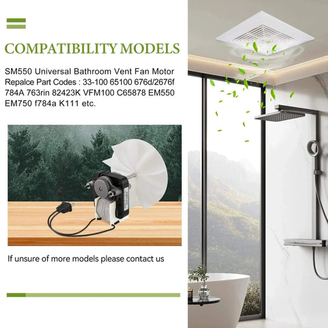 Universal Bathroom Fan Motor Replacement - SM550 Electric Vent Fan Motor Kit shown next to a bathroom ceiling vent installation.
