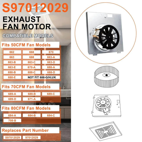 S97012029 Motor Assembly for Broan Bathroom Exhaust Fan 663-C/688-C, diagram and specifications, compatible models listed
