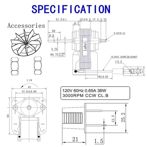 Technical diagram of Bathroom Vent Exhaust Fan Motor Replacement Electric Motors Kit Compatible with Nutone Broan Uppco 50CFM 120V.