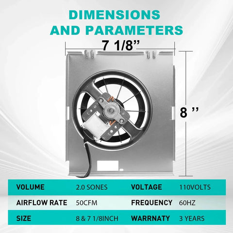 C350BN B Unit 50CFM Fan, Compatible with Nutone 696N(695) B Unit, size 8" x 7 1/8", copper motor, rear view with dimensions