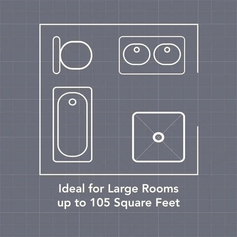 Bathroom layout diagram showing fixtures for ideal room size up to 105 square feet