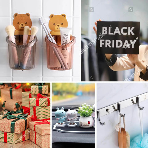 Collage of bathroom organizers, Black Friday sign, gift wraps, small plant pots, and wall hooks in various settings.