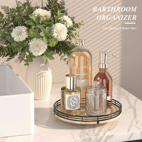 Italian natural travertine lazy susan turntable for table top, 10 inch round stone tray organizer with black frame on bathroom vanity.