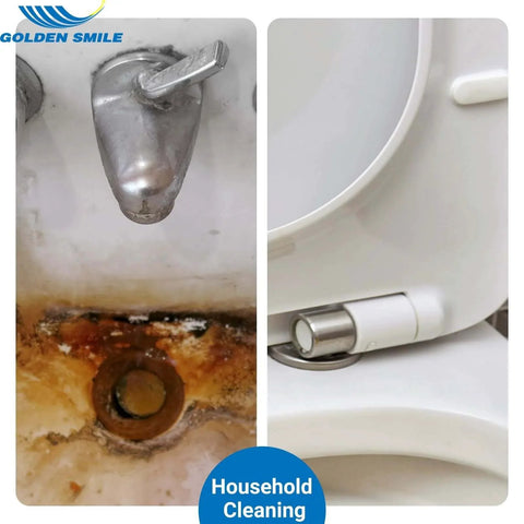 Dirty sink fixture and ceramic toilet seat needing heavy-duty rust removal and cleaning.