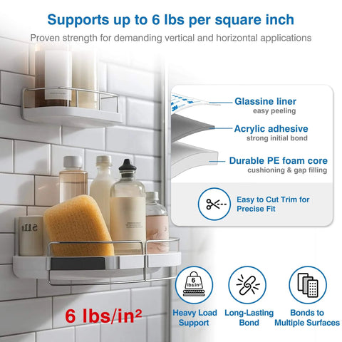 Bathroom shelf mounted with Removable Double Sided Mounting Tape 1 Inch By 16.5 Feet Heavy Duty PE Foam With Strong Adhesive For Posters And Picture Hanging Must Have For Wall Decor Wall Safe Damage Free On Painted Walls Glass Metal Wood Tile, supporting toiletries and features product benefits.