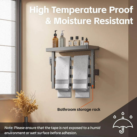 Bathroom storage rack with towels, mounted using Heavy Duty Double Sided Tape 1 Inch By 16 And A Half Feet, on beige wall.