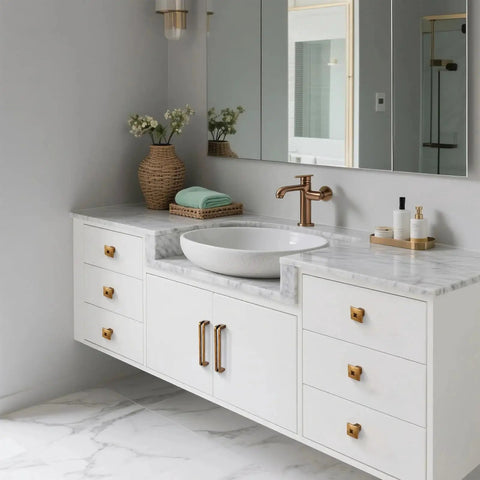 Stylish bathroom showing Antique Brass Zinc Alloy Cabinet Pulls 5 Inch Center To Center Heavy Duty Vintage Retro Drawer Handles.