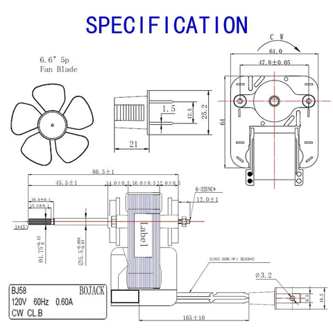 Technical diagram of Bathroom Vent Fan Motor 120V 60Hz 0.60A 30W Compatible with 686,687,8870,M686 YJF6158 showing dimensions.