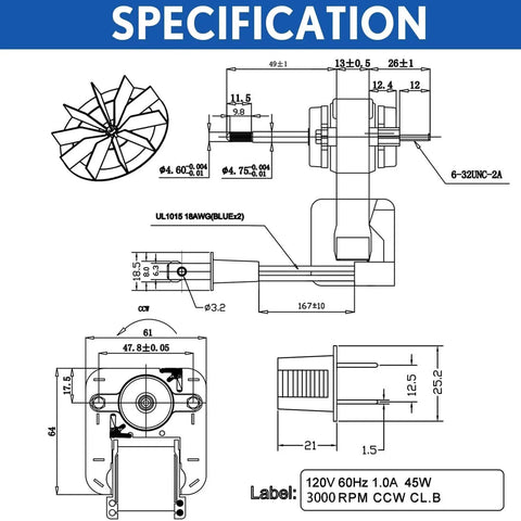 Bathroom Vent Fan Motor and Ceiling Blower Wheel Replacement Electric Motors Kit Compatible with Nutone Broan 50CFM 120V specifications diagram