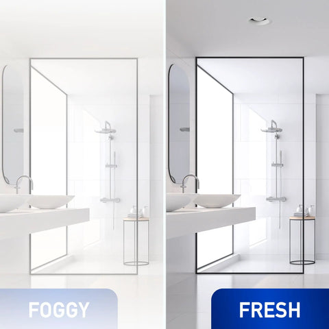 Comparison of bathroom mirrors; one foggy and one clear, with overhead Whisper Recessed 80 CFM Bathroom Vent Fan With Dimmable 11W LED Light.