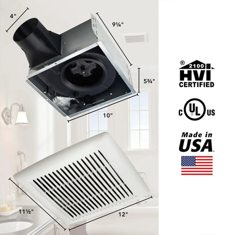 Easy Roomside Installation 110 CFM Bathroom Ventilation Fan Keeps Mirrors Crystal Clear And Quiet 3.0 Sones For Bathrooms Up To 105 Sq Ft White Broan NuTone shown with dimensions and certifications