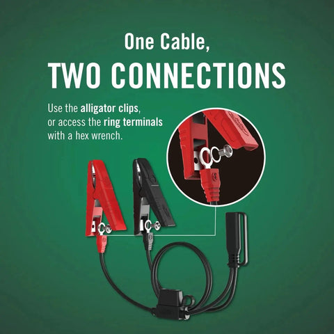 12V 1.25 Amp Car And Motorcycle Battery Charger And Maintainer with alligator clips and ring terminals for automotive and ATVs.